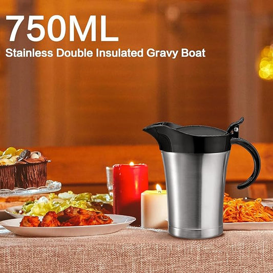 Double Insulated Gravy Boat,25Oz Stainless Steel Gravy Sauce Jug with Hinged Lid, Ideal Gravy Warmer Pitcher for Family Dinner, Thanksgiving, Halloween, Christmas, Birthday Party 750ML