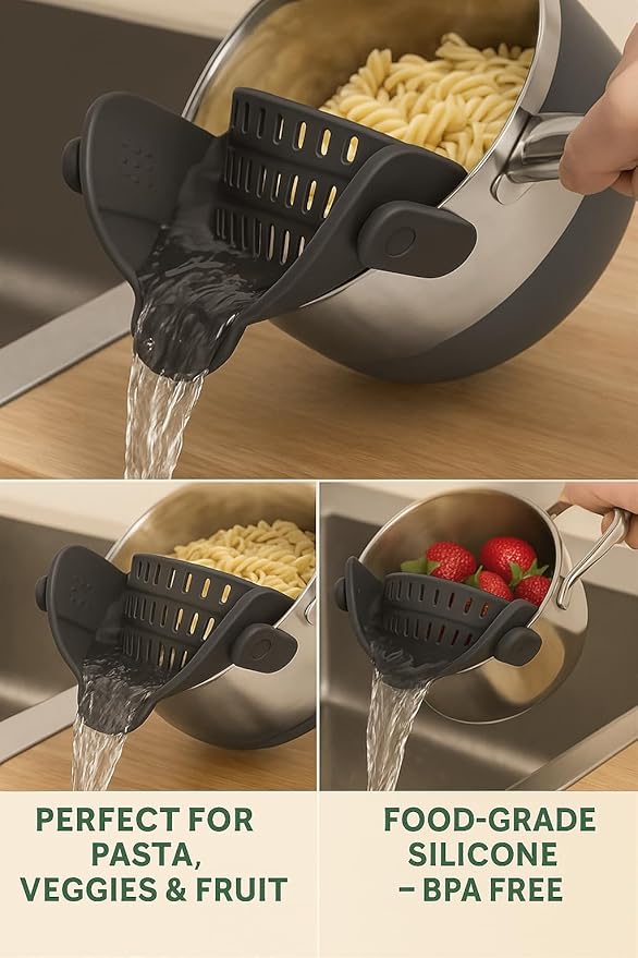 Food Strainer, Smart Pots, Clip-On Silicone Colander, Heat-Resistant by TerraHome (Gray)