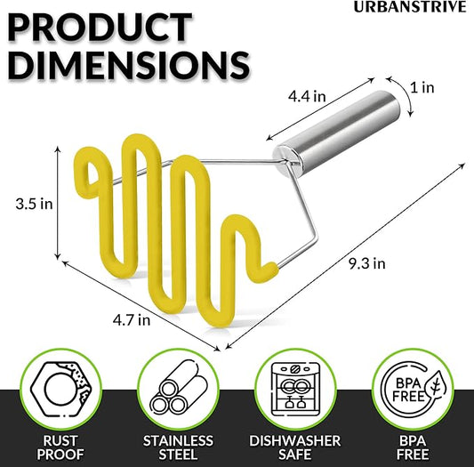 Urbanstrive Non-Scratch Silicone Potato Masher Kitchen Tool, Potatoes Masher Potato Masher Stainless Steel Wrapped In Premium Silicone, Potato Smasher, Yellow