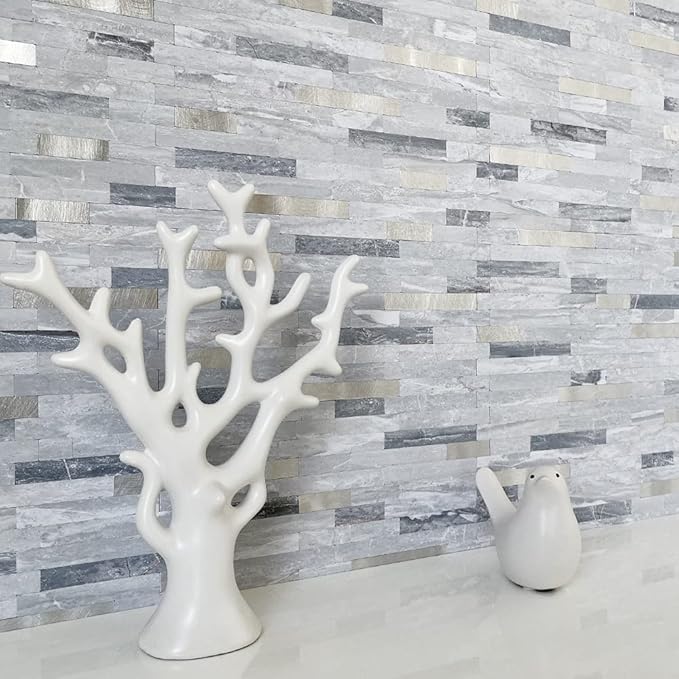 DICOFUN 10-Sheets Peel and Stick Backsplash Wall Tile, Faxu Stone PVC Mixed Metal Kitchen Backsplash Peel and Stick in Light Grey
