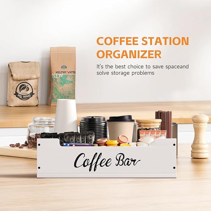 Coffee Pod Bar Station Wooden 14" X 10" X 4" Organizer Box for Countertop, Counter Top Tea Espresso Cup Wood Storage Box, White