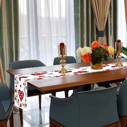 Valentine's Day Table Runner Linen Red Love Heart Table Runner Heart Floral Cloth Dresser Scarves Polka Dots, for Valentines Holiday Home Kitchen Dining Style Table Decoration (13*72 Inch)