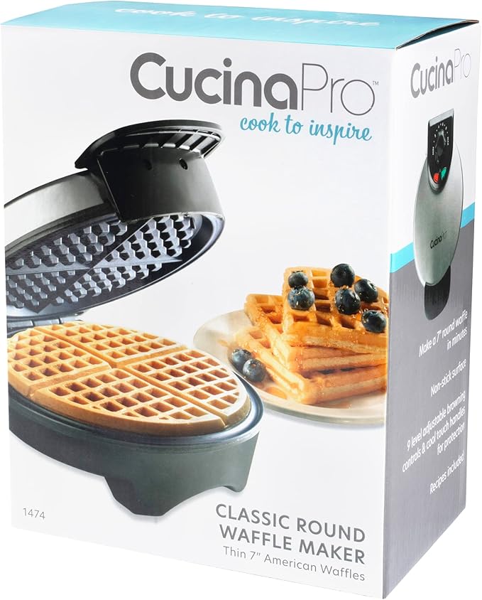 Waffle Maker by Cucina Pro- Griddle Makes 7 Inch Thin, American Style Waffles for Breakfast- NonStick Waffler Iron w Adjustable Temperature Control & Recipe Guide, Easy Use Kitchen Appliance Essential