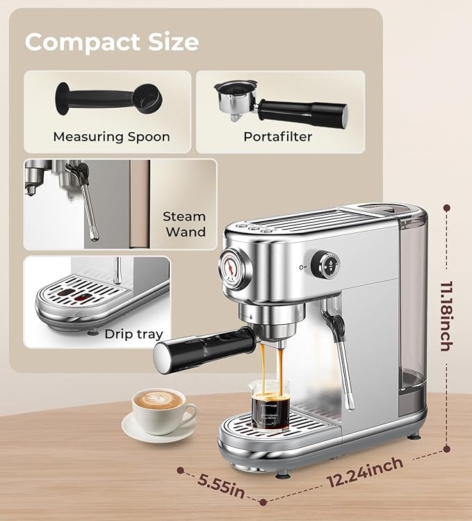 atatix Espresso Machine with Milk Frother, 20 Bar Pressure Espresso Maker, with 44OZ Removable Tank, Compact Stainless Steel Coffee Machine for Home, Office, Latte, Cappuccino, Gift for Women or Men