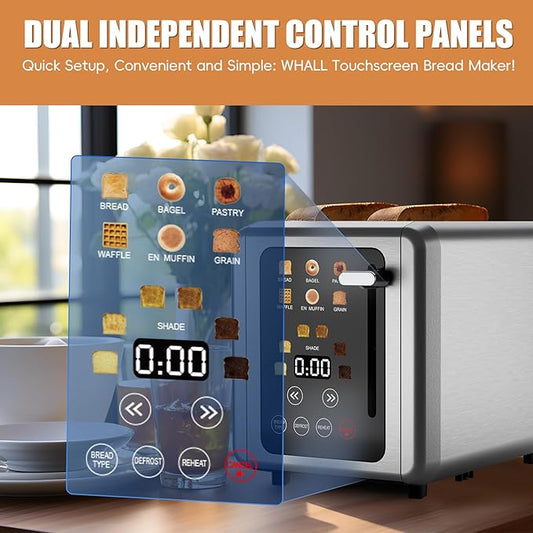 WUNLY Touch screen Toaster 2 slice,Stainless Steel Digital Timer Toasters with Sound Function,6 Bread Types & 6 Shade Settings,Smart Extra Wide Slots Toaster with Bagel,Defrost Functions,Platinum