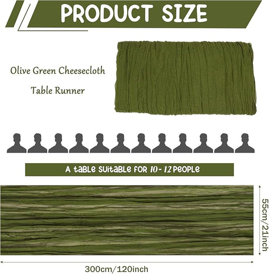10 Pack Olive Green Cheesecloth Table Runner 10FT Boho Gauze Fabric Table Runner Vintage Rustic Sheer Runners for Wedding Party Bridal Baby Shower Long Table Decorations