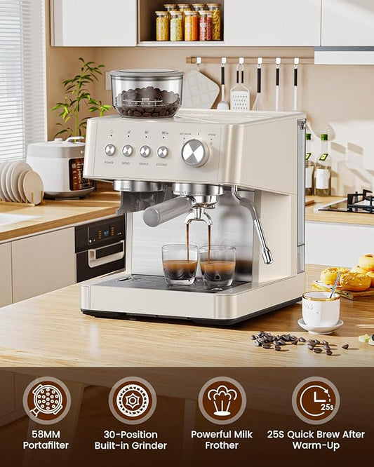 Electactic 20 Bar Espresso Machine with Built-in Anti-Clog Coffee Grinder, Expresso Coffee Machines with Milk Steam Wand/Frother/Tamping Tools,Espresso Maker with Grinder for Lattes-White