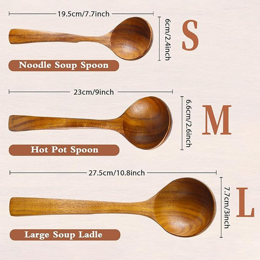 Wooden Ladle for Soup, 3Size Natural Teak Wooden Spoons for Cooking, Non-Stick Wood Spoon, Wood Cooking Spoons, Wooden Soup Spoons, Kitchen Utensils Spoons Sets