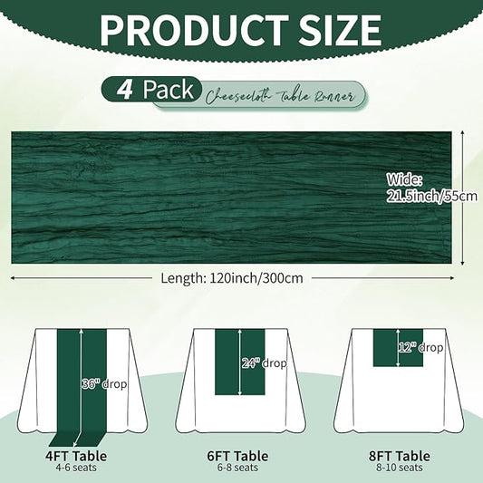 4 Pack Pack Dark Green Cheesecloth Table Runner 10Ft, Christmas Table Runner 21.5 X 120 inch, Semi Sheer Cheese Cloth Fabric Boho Table Runner Bulk for Christmas Decorations,Bridal Shower,Wedding