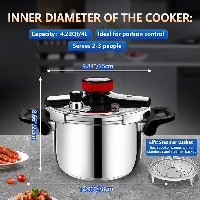 KAIVESEA 4.22 Quart 304 Stainless Steel Pressure Cooker - Explosion-Proof Safety Lock, One Hand Operation, Fast Cooking, Dishwasher Safe & Induction Compatible Cookware