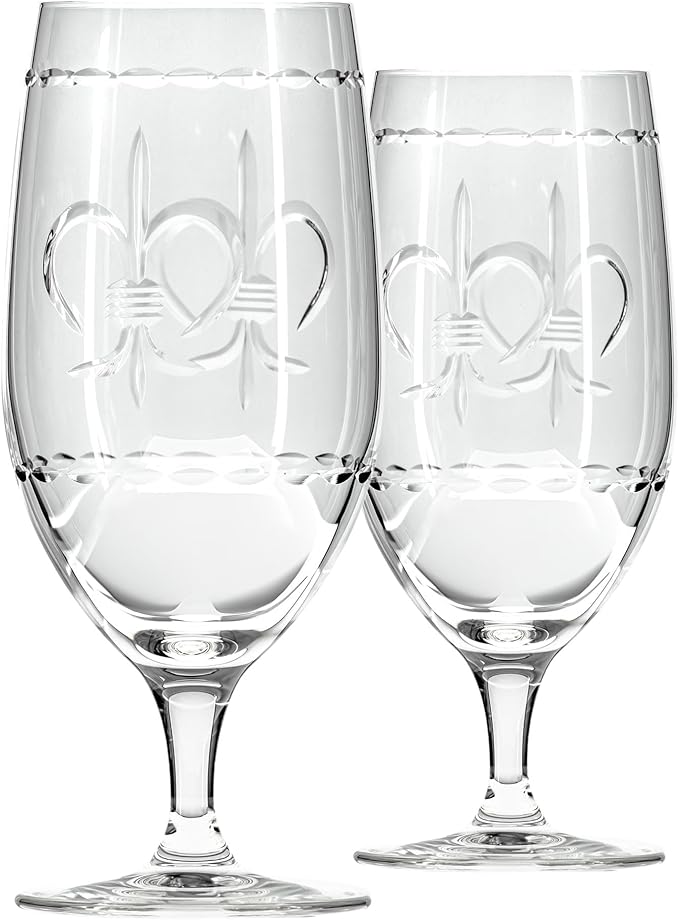 Rolf Glass Fleur De Lis Iced Tea Glass | 16oz Set of 2 Glasses | Lead-Free Diamond-Wheel Engraved Glassware | Made in the USA