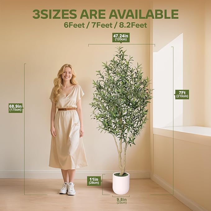 Artificial Olive Tree 7FT Tall, Faux Plants Indoor - Fake Plant with Lifelike Leaves,White Planter - Large Fake Olive Trees for Home Living Room Office Bedroom Floor Decor