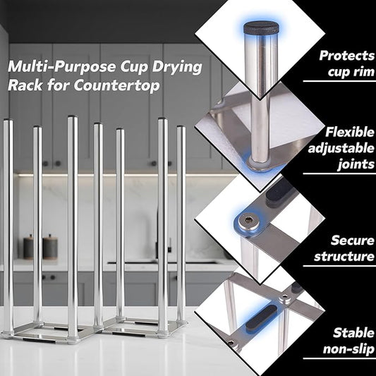 Water Bottle Drying Rack, Cup Drying Rack for Counter, Stainless Steel Tumbler Dryer Stand, Space-Saving Mug & Glass Drying Rack, Heavy-Duty Holder for Cups & Water Bottles (Silver – 7 Pegs)