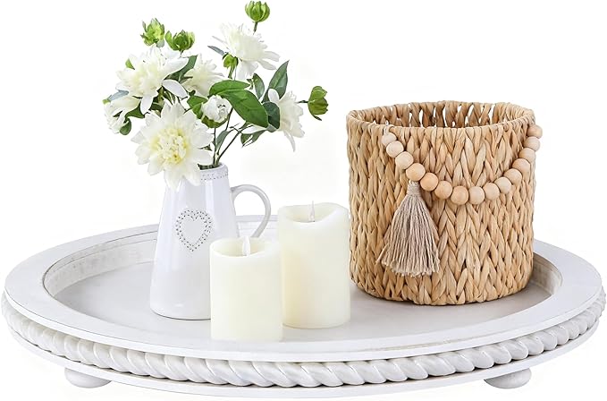 Urban Deco Decorative Trays for Home Decor, Round Wooden Trays for Coffee Table, White Stripes Tray for Living Room, Kitchen, Farmhouse Centerpiece Decor (1-Pk)