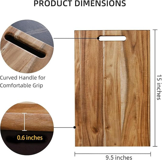 YSTKC Acacia Wood Cutting Board with Hand Grip 15" x 9.5" Inch, Wooden Reversible Chopping Board with Handle for Kitchen Meal Prep Serving, Chopping, Carving Meat, Fruits, Vegetables, Charcuterie