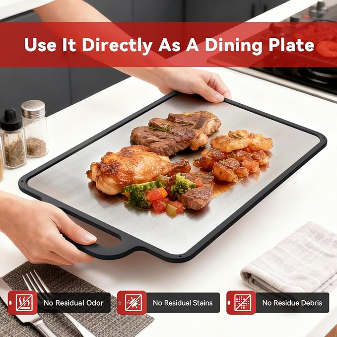 Double-Sided Solid Stainless Steel Cutting Board for Kitchen, 304 Grade & Dishwasher Safe - Non-Slip with Juice Groove, Perfect for Meat and Veggies, 15.3x9.6 Inch (Stainless Steel Color)