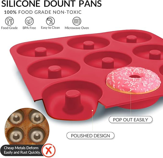Large Silicone Donut Pan for Baking, 9 Cavity Non-Stick Food Grade Silicone Donut Molds, Doughnut Pan and Bagel Pans for Baking & Kitchen, BPA Free 11.2 x 11.1 Inches, Dishwasher Safe - Bright Red