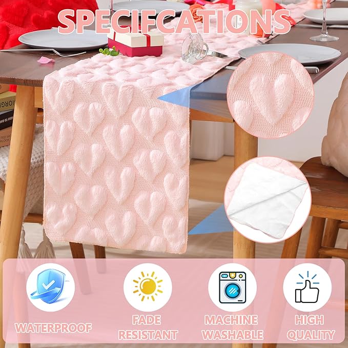 Table Runner 13x108 Inch for Valentine's Day, 3D Heart Shape Winter Holiday Decorative Farmhouse Table Decorations for Kitchen Dinning, Indoor Outdoor Dinner Party Decor (Pink)