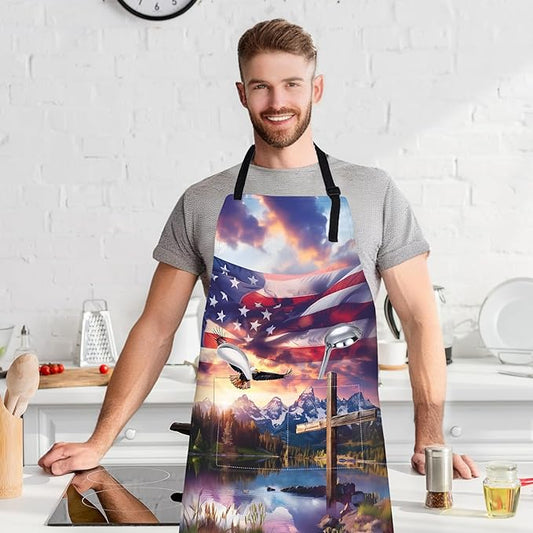 Patriotic Eagle Apron with Adjustable Neck Strap,American Flag Cross Kitchen Aprons with 2 Pockets for Women,28x33in,Oxford Fabric,Gifts for Wife Mom,For Chef Cooking Baking Gardening BBQ