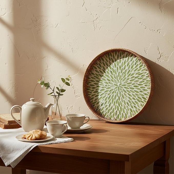 16 inch Round Rattan Tray with Mother of Pearl Inlay Wicker Serving Tray with Wooden Base Boho Decorative Wicker Basket for Table Decor Bathroom Candle Perfume (Green Leaf)