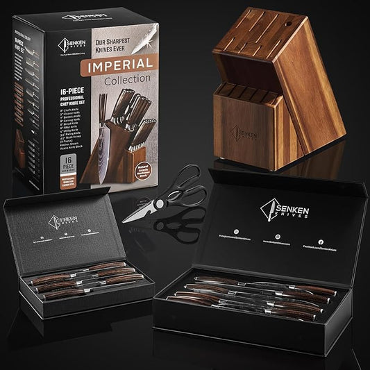SENKEN 16-Piece Natural Acacia Wood Kitchen Knife Block Set - Japanese Chef's Knife Set with Laser Damascus Pattern, Includes Steak Knives, Kitchen Shears, Santoku, Cleaver & More (Wooden Handles)