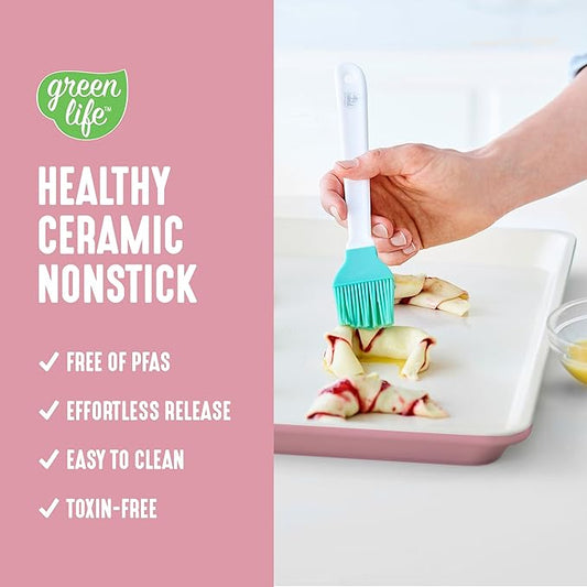 GreenLife Bakeware 18” x 13” Half Cookie Sheet Baking Pan, Non-Toxic PFAS-Free Healthy Ceramic Nonstick, Oven Safe to 450°F, Easy Release, Even Heating, Easy Clean, Pink