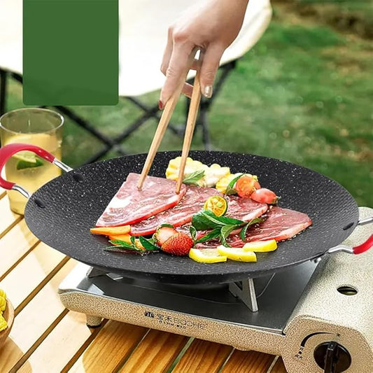 Korean BBQ Grill Pan, 13.3 Inch Nonstick Round Griddle Plate with Heat Resistant Handle for Indoor Outdoor Gas Stove Grilling Cooking