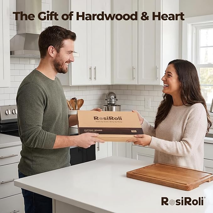 RosiRoli Acacia Wood Cutting Board for Kitchen - 13"x10" Everyday Chopping Board with Handles and Juice Grooves, Soild Wood Serving Tray for Cheese & Meat, Ideal Gift for Housewarming & Christmas