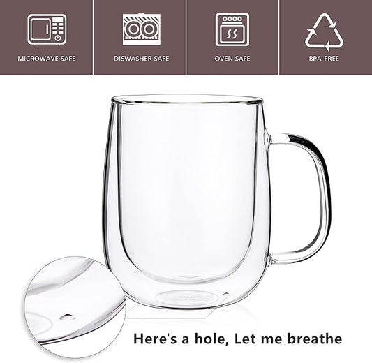 CNGLASS Large Double Wall Glass Coffee Mug 15.2oz,Clear Insulated Glass Espresso Cup with Big Handle,set of 1