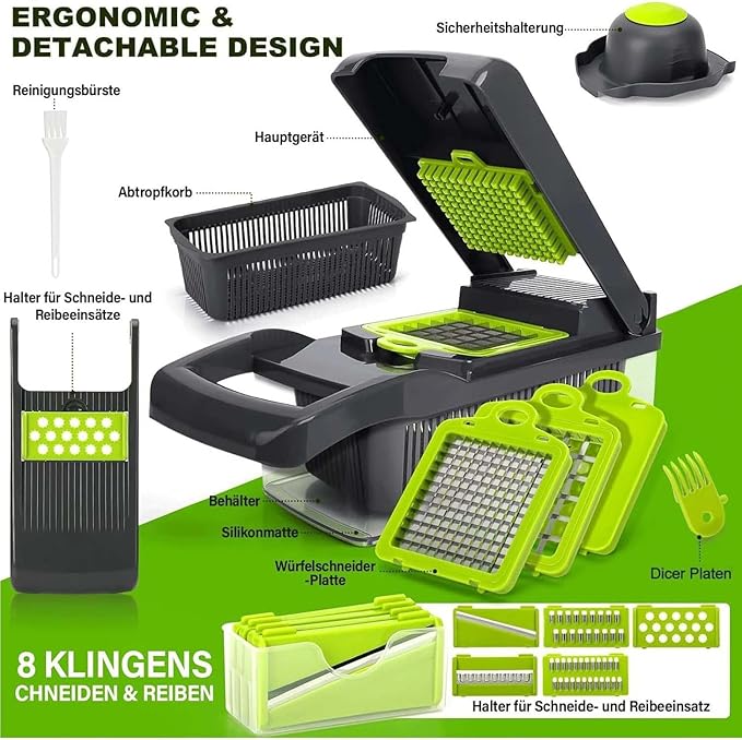 16-in-1 Vegetable Chopper Pro - Stainless Steel, BPA-Free | Mandoline Slicer & Dicer Set with Drain Basket, Compact 13" Storage, Safe for Kids