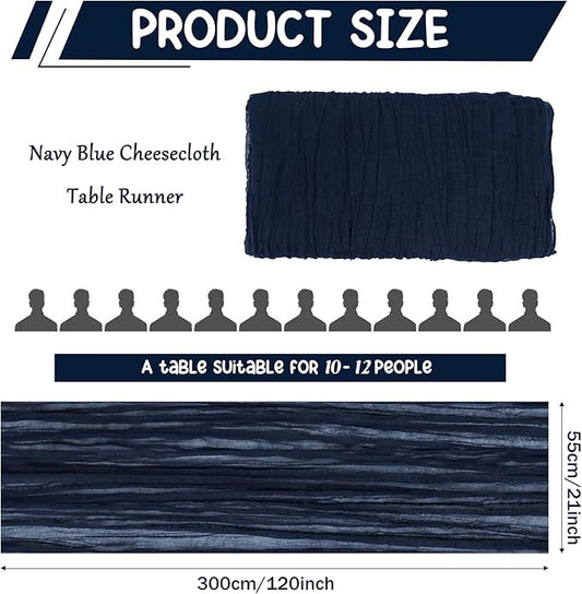 10 Pack Navy Blue Cheesecloth Table Runner 10FT Boho Gauze Fabric Table Runner Vintage Rustic Sheer Runners for Wedding Party Bridal Baby Shower Long Table Decorations