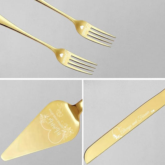 4 Pieces Wedding Cake Cutting Set Knife and Forks Set Wedding Cake Knife and Server Set Sliver Forks Engraved Mr. and Mrs.for Engagements, Anniversaries, Bride and Groom (GOLD GROOM&BRIDE)