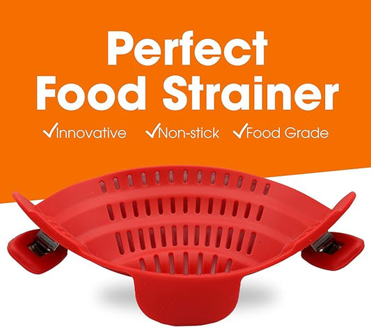 Cheer Collection Silicone Clip on Pot Strainer, Heat-resistant Snap-On Strainer for Pasta, Noodles, Rice, Meats and Vegetables, Red