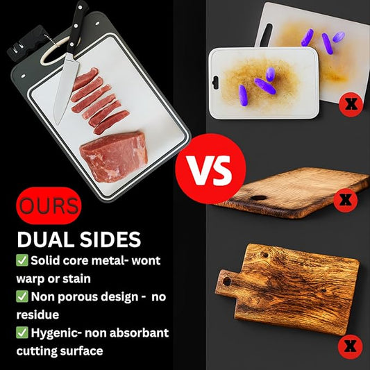 Titanium Cutting Board for Kitchen with Knife Sharpner, Stainless Steel Large Size 14’’×9.6’’ Double Sided Food Grade, Pure Titanium and Wheat Straw PP, Easy to Clean, Anti Slip