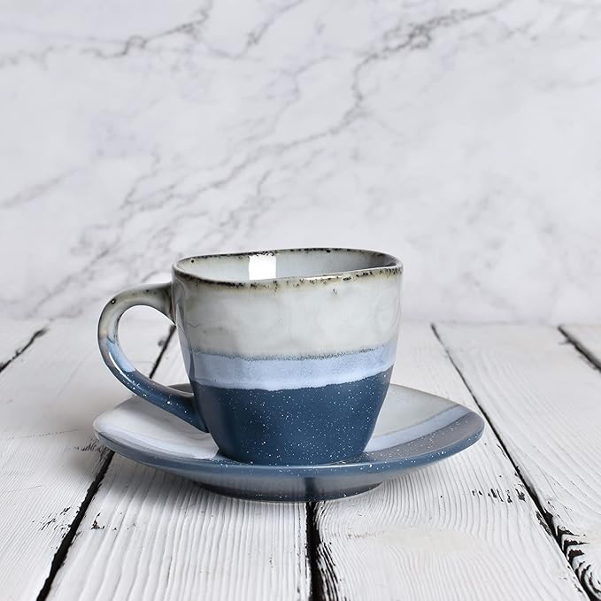 Bosmarlin Stoneware Coffee Cup Mug with Saucer Set of 2 for Latte, Cappuccino, Tea, Oz, Dishwasher and Microwave Safe (Blue, 2)