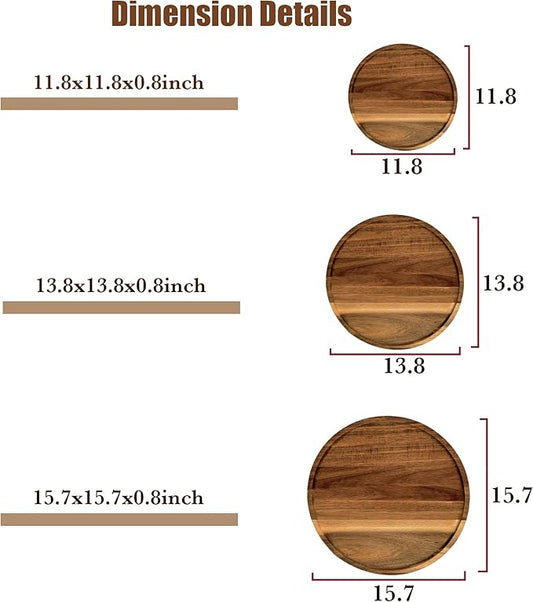 Set of 2 Round Wooden Decorative Serving Tray 15.7 Inch for Coffee Table and Home Decor, Round Wood Tray for Table Centerpiece, Small Candle Tray, Acacia, Appetizer Charcuterie Board