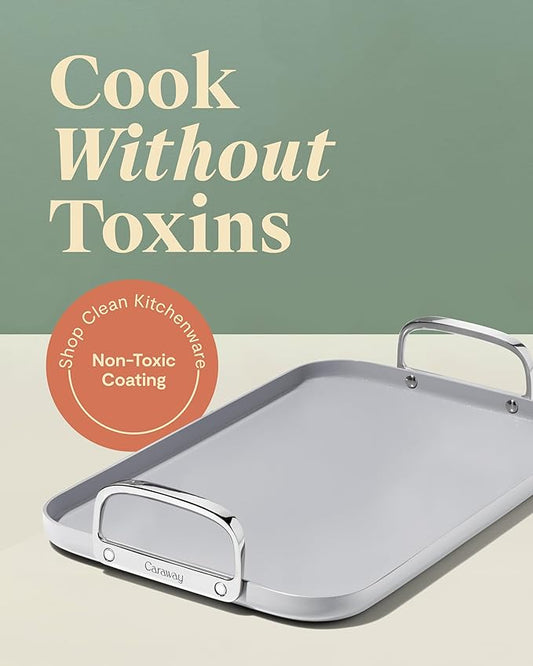 Caraway Double Burner Griddle - 19x12” Griddle Pan - Non-Stick Ceramic Coated - Non Toxic, PTFE & PFOA Free - Oven Safe & Compatible with All Stovetops - Gray