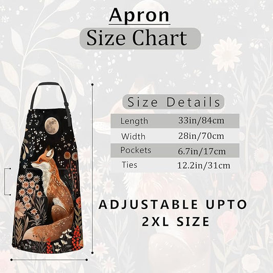 Fox Apron Autumn Flowers and Moon Aprons Waterproof Oxford Polyester Adjustable Pockets Design for Cooking, Crafting, Garden Decor, Gifts for Nature Lovers, 28x33 Inch