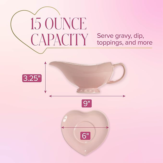 Paris Hilton Ceramic Gravy Boat with Heart-Shaped Saucer, Iconic Stoneware for Serving Gravy and Sauces, 16-Ounce Capacity, Pink