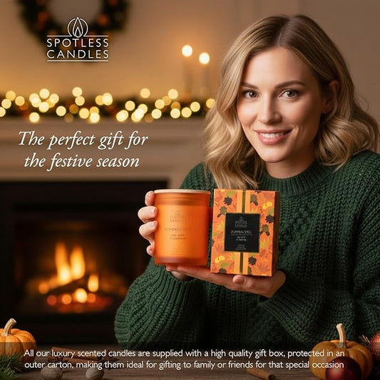 Pumpkin Spice Candle - 275g/9.7 oz Pumpkin Candle in Orange Frosted Glass Jar with Wooden Lid and Wooden Crackling Wick in Luxurious Gift Box - Cosy, Warm and Comforting