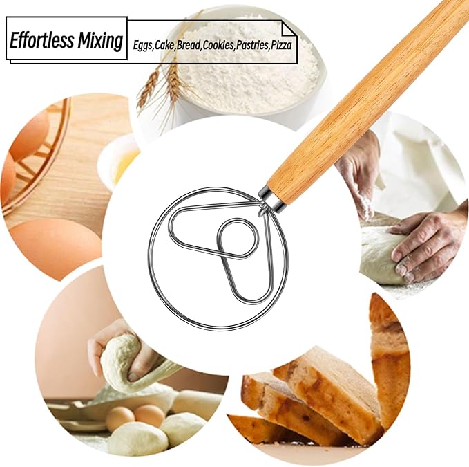Danish Dough Whisk with Dough Hook Stainless Steel Bread Whisk Wooden Handle for Sourdough Bread Baking Dough Mixing