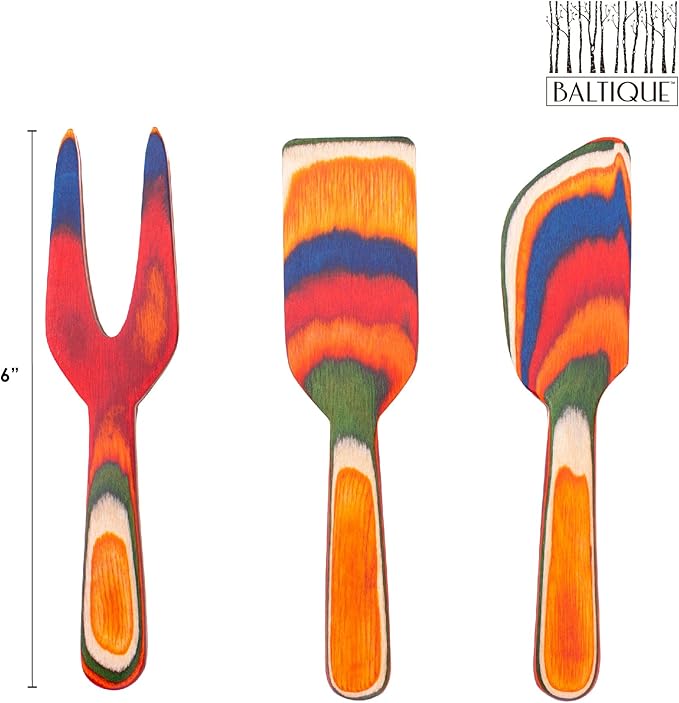 Totally Bamboo Baltique Marrakesh Collection 3 Piece Cheese & Charcuterie Tool Set, Colorful Wooden Cheese Knife Set