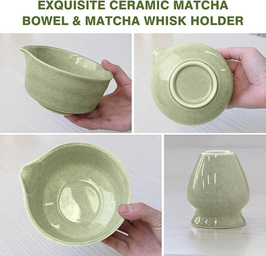 Matcha Whisk Set, Japanese Tea Set includes Matcha Bowl with Spout, Matcha Whisk and Holder, Bamboo Scoop - 4 Pcs Ceremonial Grade Matcha kit for Tea Lovers (Jade Green)