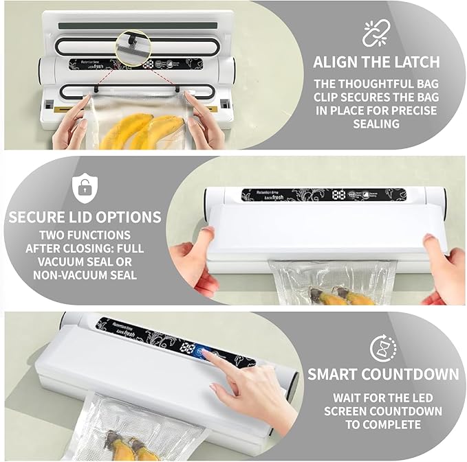 Food vacuum sealer, 75 kPa ,Compact Vacuum Sealer, equipped with a digital timer, Dry/Wet,sealing, including 20 Vacuum Sealer Bags, The chef's ideal food saver