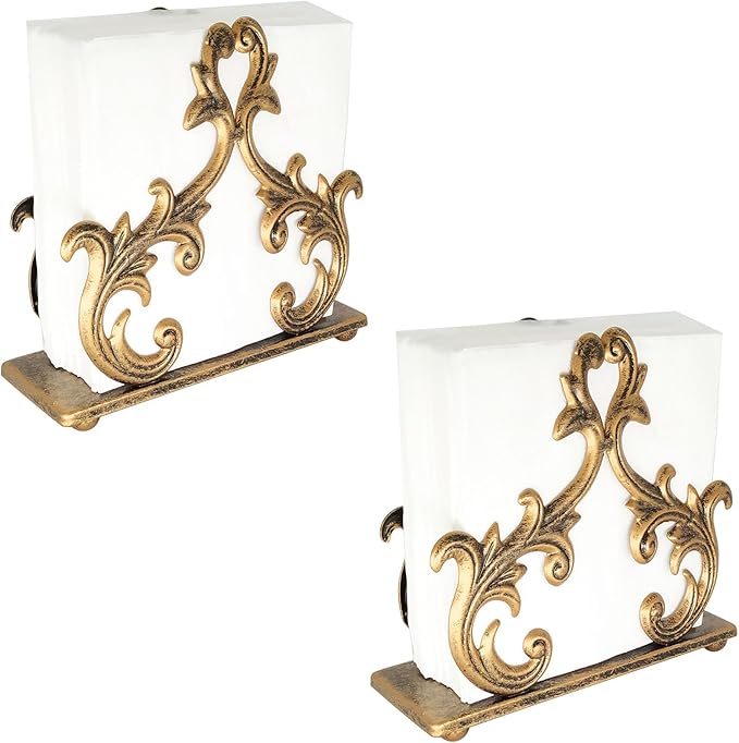 Owlgift Baroque Bronze Napkin Holder Set of 2 – Decorative Metal Tissue Rack for Tabletop, Mail, or Bill Organizer – 6 x 2 x 5.3 Inches, Rustic Finish for Home or Restaurant Use