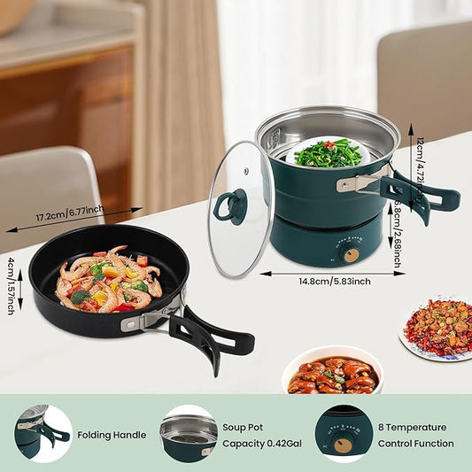 Portable Electric Hot Pot,500W Mini Electric Cooker w/Foldable Handles & Steamer,Non-stick Frying Pan,Multi-Functional Ramen Noodle Cooker Power Adjustment for Steaks,Soup,Pasta (Green)