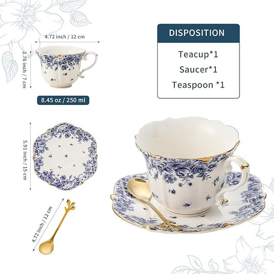 TATSUMI Country Roses Bone China Tea Cup and Saucer Set, 3 Pieces, Vintage Style, For Women and Tea Parties(sky blue,1 set)