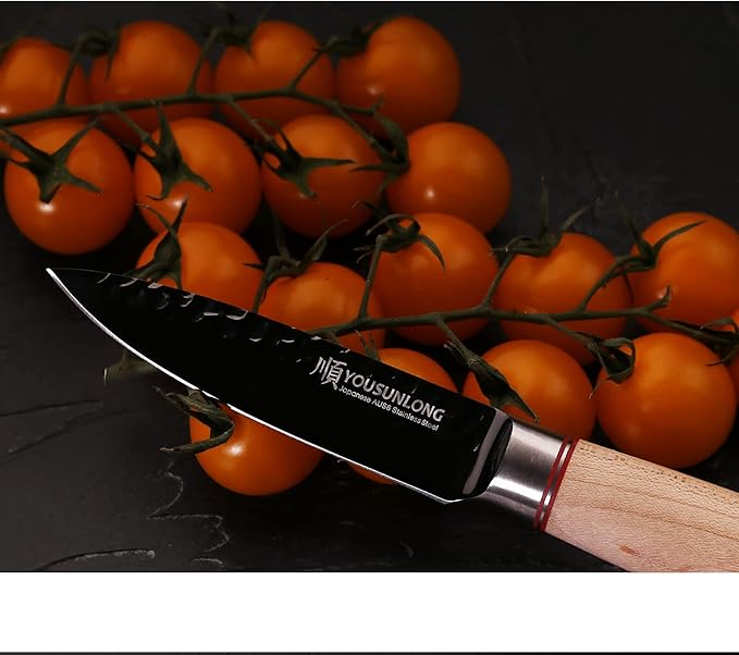 YOUSUNLONG Paring Knife - 3.5" Peeling Knife Razor Sharp - Japanese HRC Steel AUS8 Black Titanium Coating - Natural Canadian Maple Wood Handle