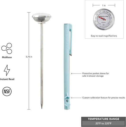 KitchenAid KQ901 Instant Read Food Thermometer for Kitchen or Grill, Temperature Range: 20F to 220F, 1 inch dial, Mineral Water Storage Sleeve