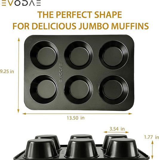 EVODAE® Nonstick Jumbo Muffin Pan – 2 Pack Large Muffin Pans, 12-Cup (2×6) Capacity, Large Cupcake Pan & Jumbo Muffin Tin – Pro-Grade Bakeware, Heavy Duty – PFOA & PTFE Free, No Liners Needed